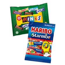 Haribo of Maoam 2 zakken à 325-375 gram
of Mars minimix 2 zakken à 20 stuks